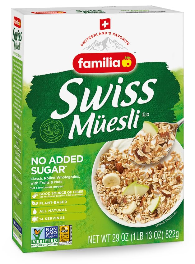 Familia Swiss Muesli Cereal, 0g Added Sugar, Energy-Packed Cereal with Raisins, Hazelnuts and Almonds, 12 Ounce Box (Pack of 12)