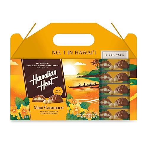 Hawaiian Host Maui Caramacs - 5oz Gift Boxes, Pack of 5 | Milk Chocolate Covered Macadamias with Creamy Caramel & Sea Salt