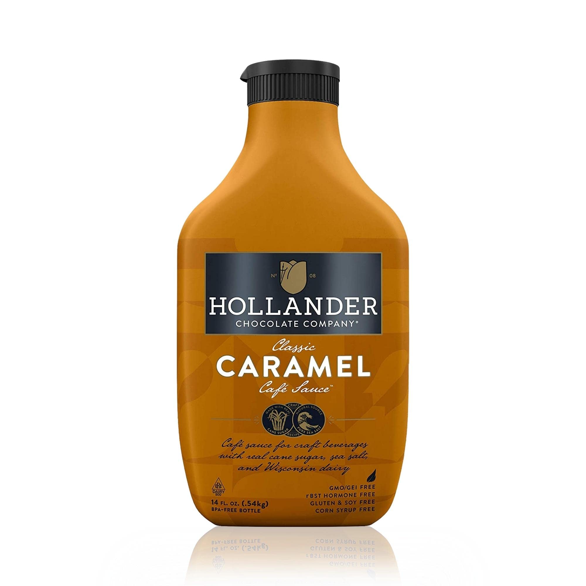 Hollander Caramel Cafe Sauce | GMO Free, Corn Syrup Free, Soy/Gluten Free | 15 fl. oz. Squeeze Bottle | Flip Cap
