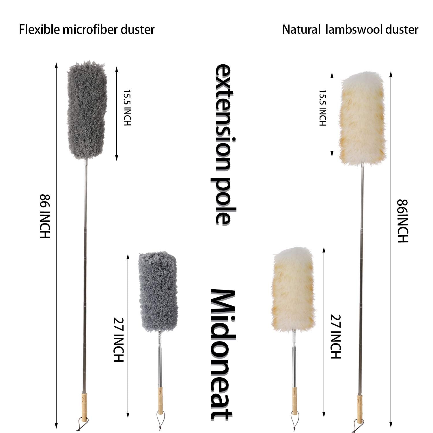 Midoneat Lambswool and Microfiber Duster, 2 Counts, Long Reach/Extendable Duster Up to 86" for Cleaning High Ceiling Fan, Interior Roof, Cobweb