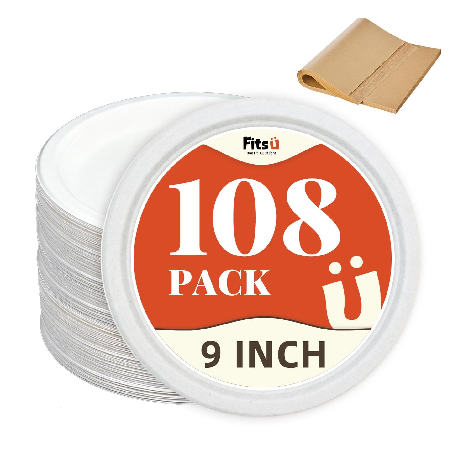 Fitsu Compostable Plates with Grease Proof Liners 108 Pack 9 Inch White Biodegradable Plates PFAS-Free Heavy Duty Sugarcane Alternative Microwave Safe
