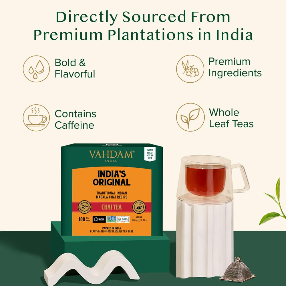 VAHDAM, India's Original Masala Chai Tea Bags (100 Count) No Added Flavoring | Blended w/Exotic Spices | Whole Leaf Tea Bags | Resealable Ziplock