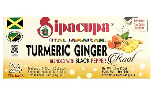 Jamaican Turmeric Ginger With Black Pepper Tea, All Natural Herbal Supplement, Caffeine Free - 24 Tea bags (Pack of 1)
