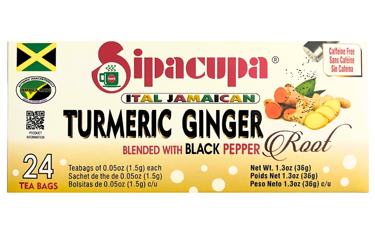 Jamaican Turmeric Ginger With Black Pepper Tea, All Natural Herbal Supplement, Caffeine Free - 24 Tea bags (Pack of 1)