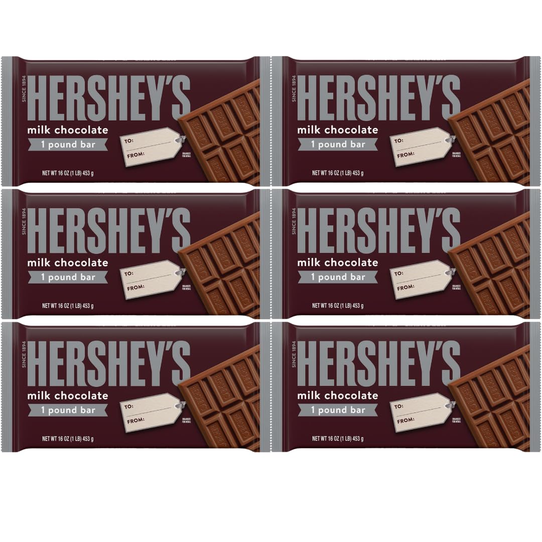 HERSHEY'S Milk Chocolate Candy Gift Bars, 1 Pound Large Chocolate Bars, 6 Pack Bulk Chocolate Candy - Classic Creamy Milk Chocolate Sharing Bars