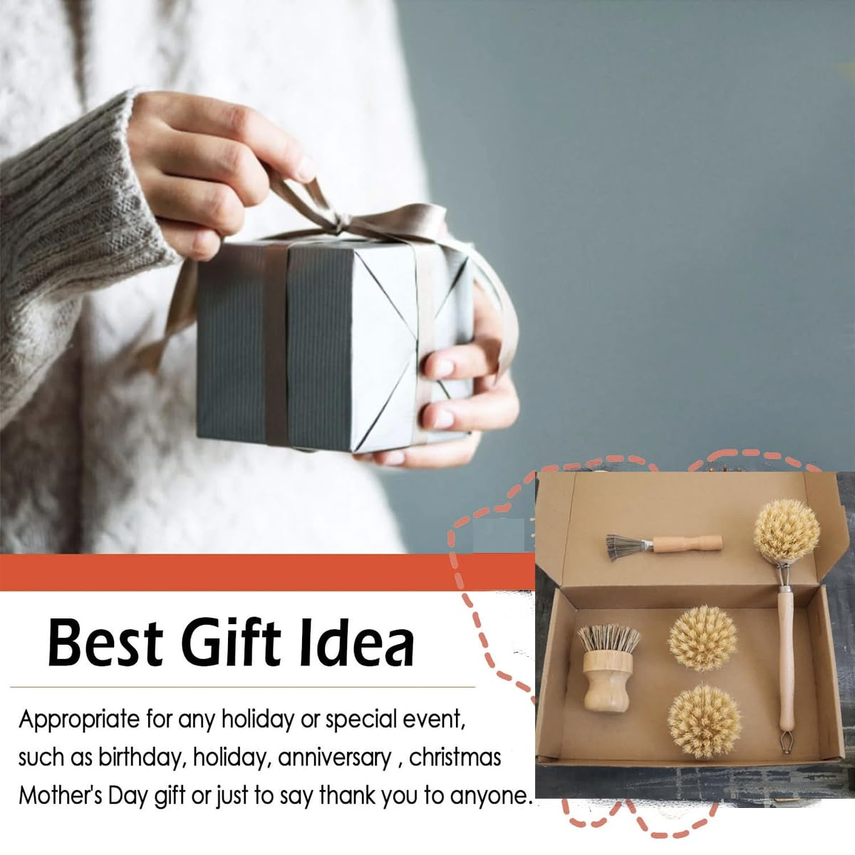 5 pcs Bamboo Kitchen Brush Set| Valuable Cleaning Tool Kit| Plastic-Free & Eco-Friendly Products| Gift for Women Mom