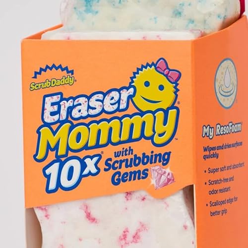 Scrub Daddy Eraser Mommy 10x with Scrubbing Gems Erase, flip, Wipe! A Gentle Wipe with The Water Activated Sponge Eraser (2 Pack)