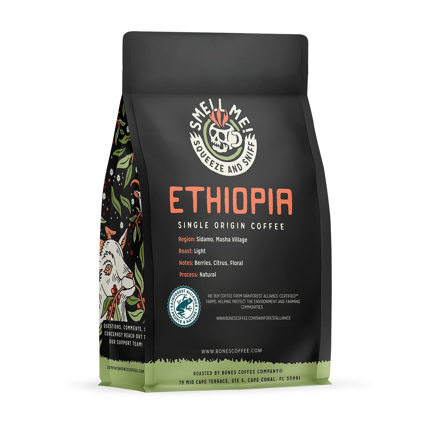 Bones Coffee Company Ethiopia Single-Origin, Citrus, Floral and Berries Notes, Ground Coffee Beans, Low Acid Light Roast Arabica Beans Flavored
