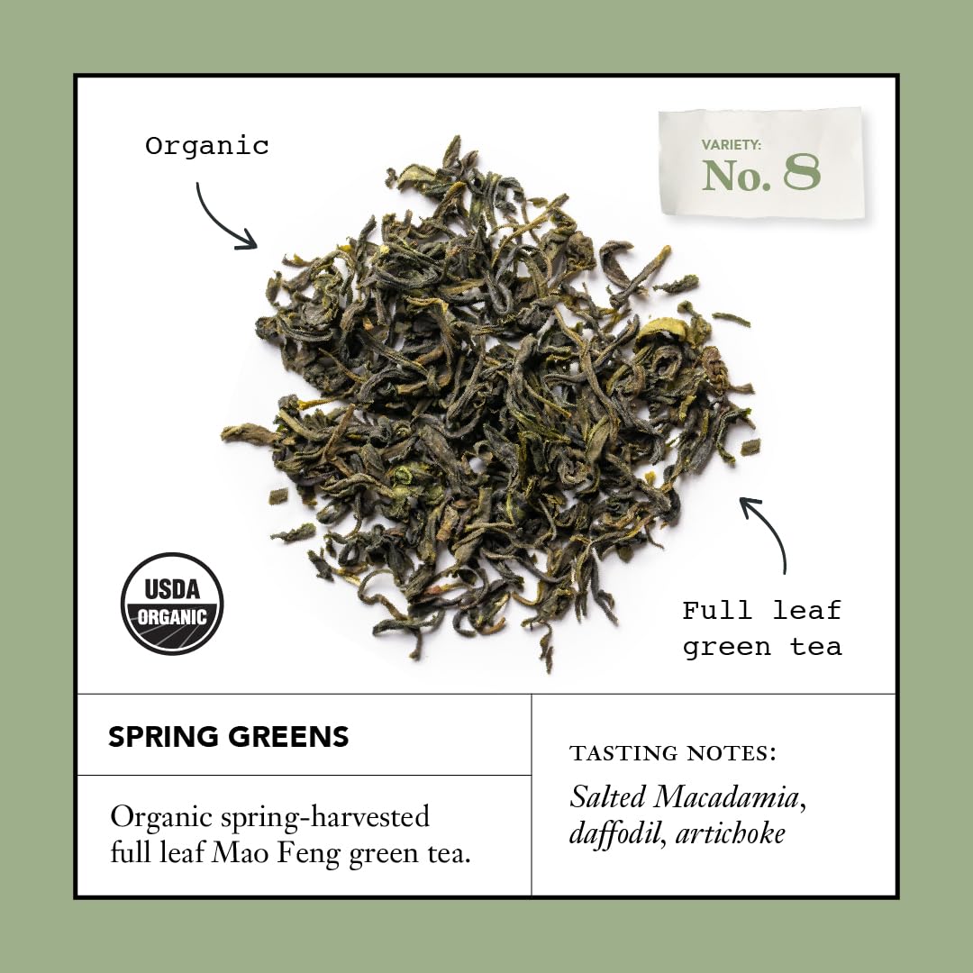 Smith Teamaker Spring Greens No. 8, Mao Feng Green Tea, Caffeinated, Sugar-Free, Sustainably Grown Full Leaf Green Tea, 15 Sachets, 1.3oz each
