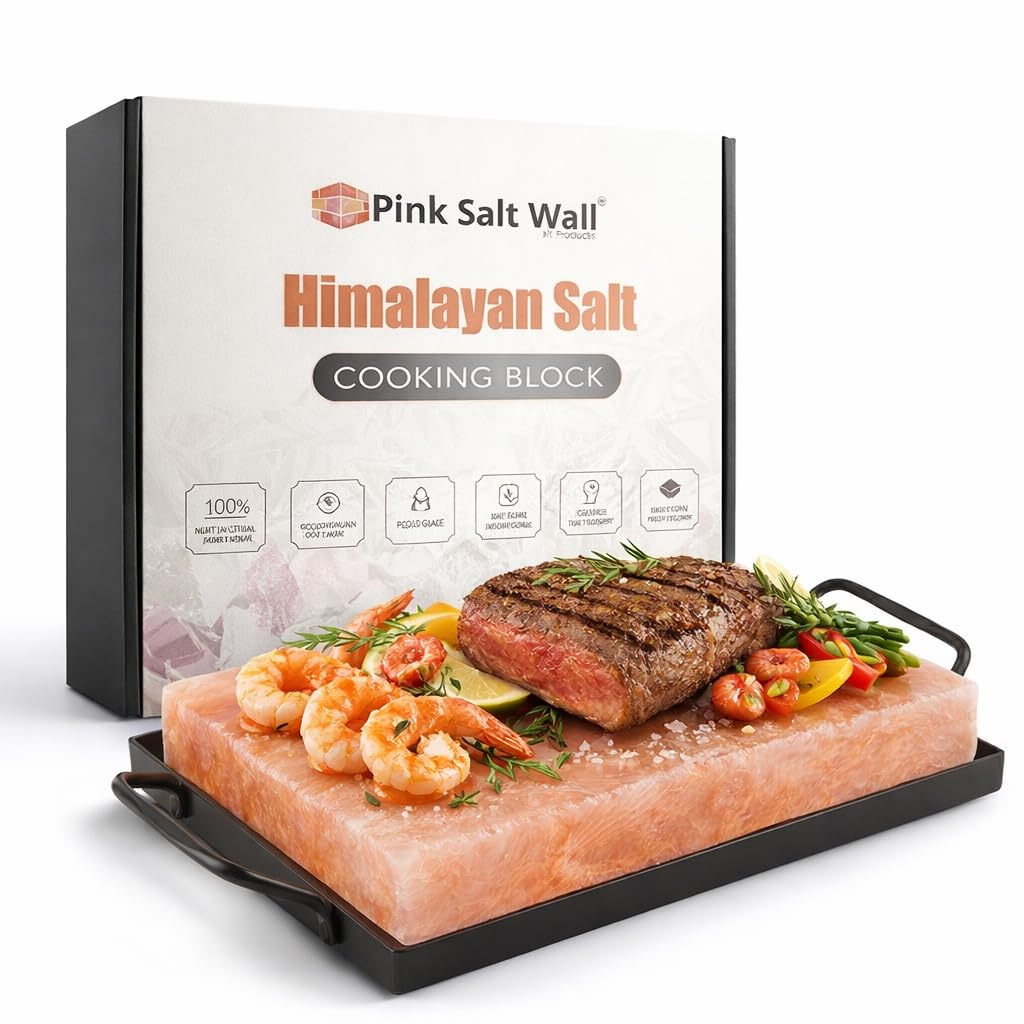 Premium Himalayan Pink Salt Block 12x8x2 inches with Metal Tray, Cooking Slab for Cooking, Serving, Cutting and BBQ By Pink Salt Wall