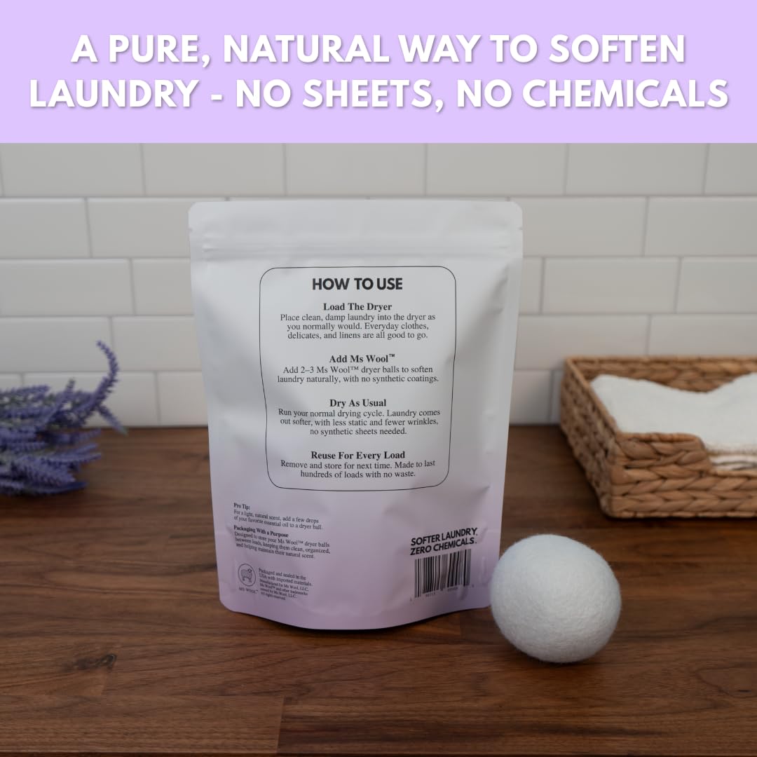 Ms Wool Lavender Scented Wool Dryer Balls - 4 XL Pack - Natural Fabric Softener, Reusable, Reduces Static, Reduces Wrinkles & Shortens Drying Time