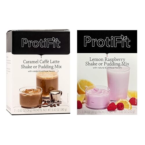 PROTIFIT - High Protein Caramel Caffe Latte & Lemon Raspberry Pudding & Shake Mix 2 Pack, 15g Protein, Low Calorie, Low Fat, Low Carb, Aspartame Free