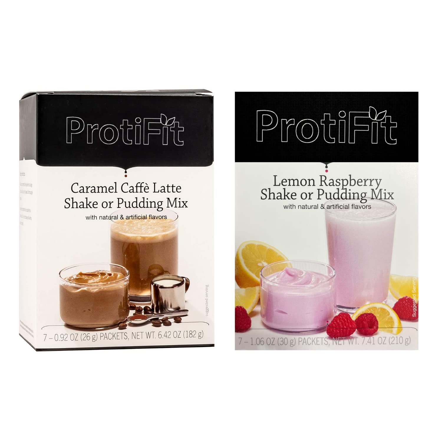 PROTIFIT - High Protein Caramel Caffe Latte & Lemon Raspberry Pudding & Shake Mix 2 Pack, 15g Protein, Low Calorie, Low Fat, Low Carb, Aspartame Free