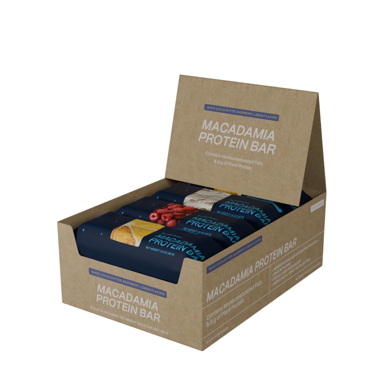 Blueprint Bryan Johnson Macadamia Nut Protein Bars - Variety Pack Protein Bars - Lemon, White Cocoa & Raspberry - Vegan, Low Sugar, Keto-Friendly