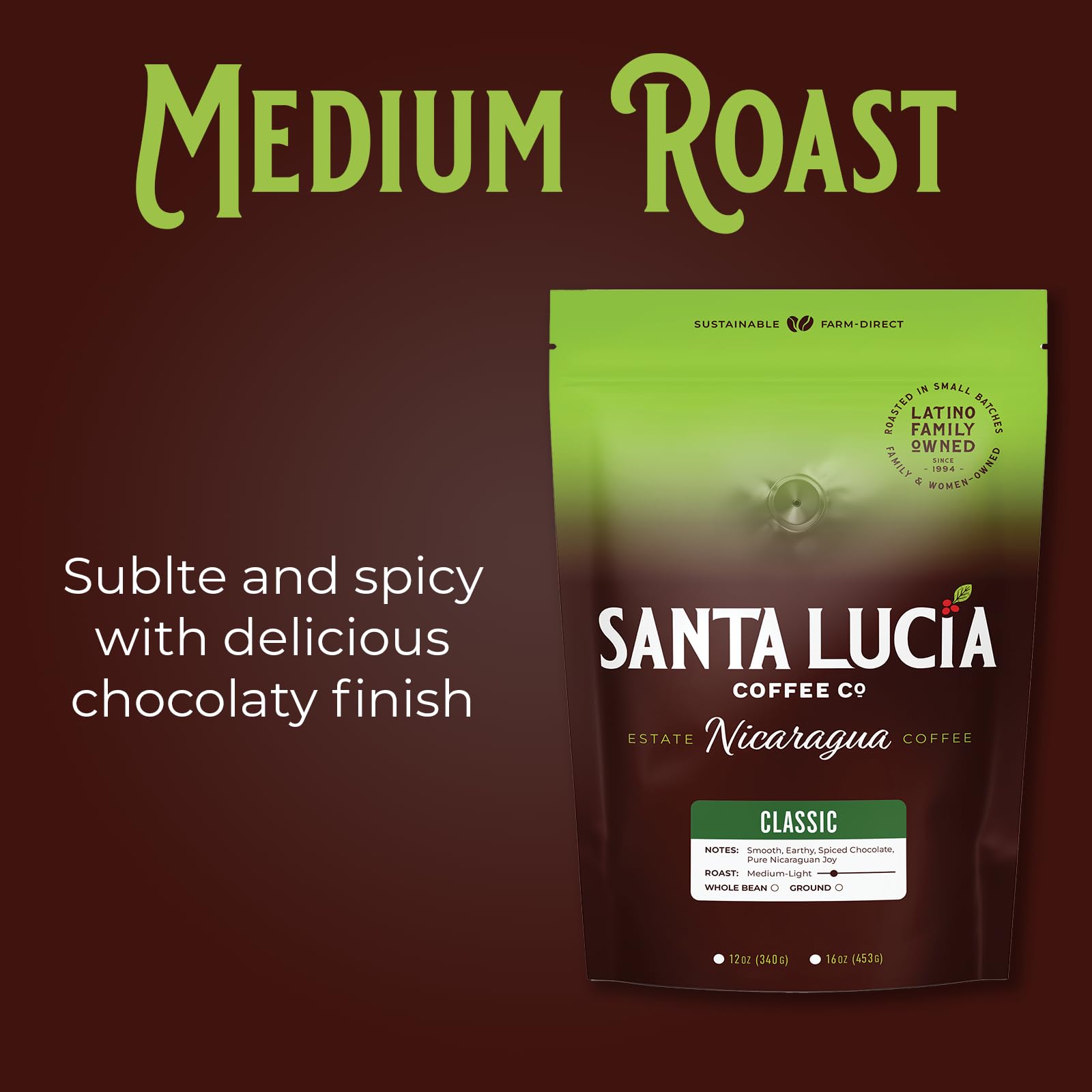 Santa Lucia Coffee - Grand Reserve Classic Medium Roast Nicaraguan Coffee - Medium Roast - 91 Point Specialty Grade - Low Acididity - Bright & Smooth
