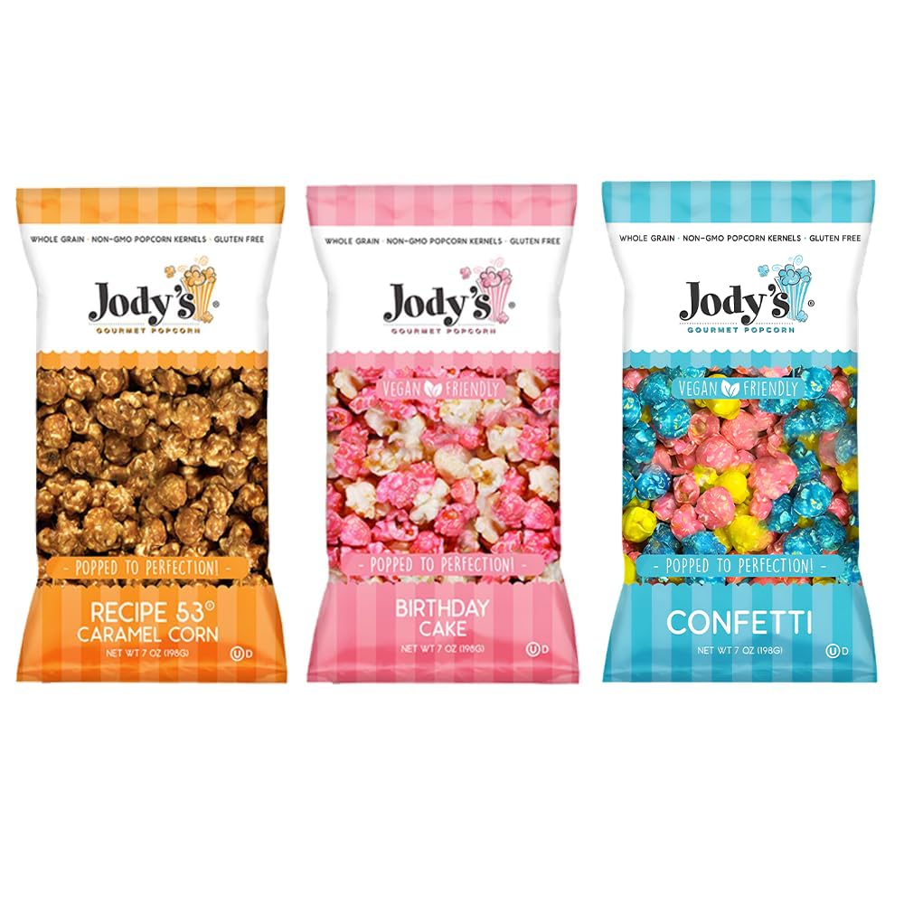 Jody’s Gourmet Popcorn 3-Pack Variety Bundle - 7oz Bags of Caramel Corn, Birthday Cake, and Confetti Flavors - Sweet and Salty Handcrafted Snack