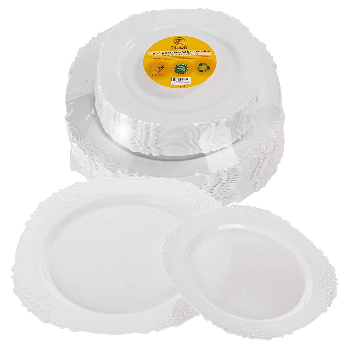 Zlion 60 Piece White Disposable Plate Set - Elegant Plastic Dinnerware for Parties, Weddings, Birthdays & Baby Showers - Includes 30X 10.25 inch Main