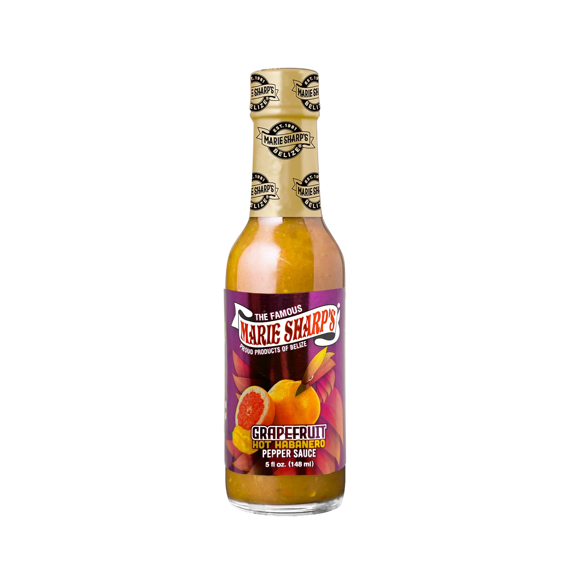 Marie Sharp’s Grapefruit Hot Habanero Pepper Sauce, 5 oz | Belizean Hot Sauce with Fresh Grapefruit & Habanero Peppers | Tangy Citrus Heat |