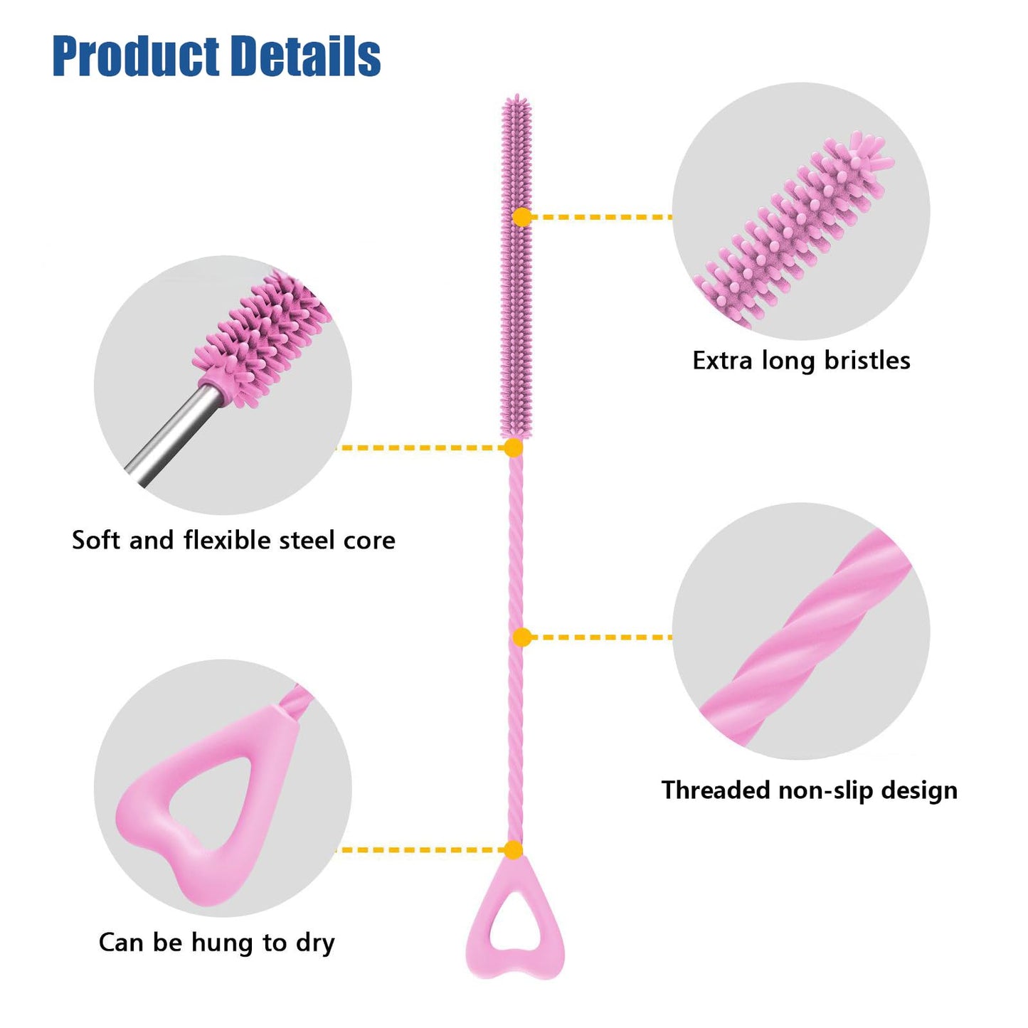 Silicone Straw Cleaner Brush, 2Pcs Reusable Cleaner Brush Extra Long, Straw Brush Bristles Cleaner for Cleaning Stanley Metal Glass Straws Drink Lid
