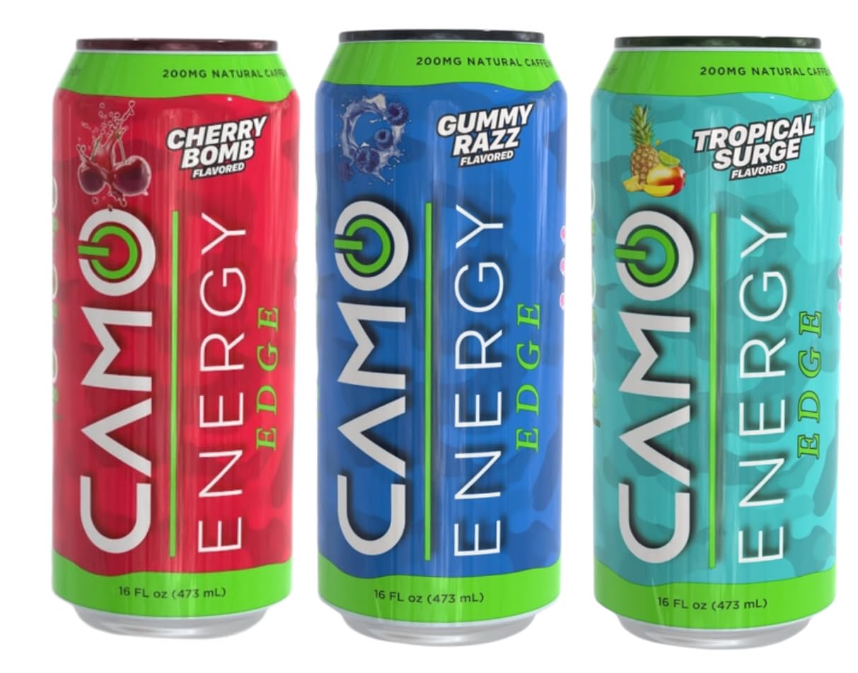 CAMO Energy Edge Variety Pack Energy Drink, Cherry Bomb, Tropical Surge, Gummy Razz (4 each)16oz Cans, 12 Pack, Ultra Premium Caffeine Blend