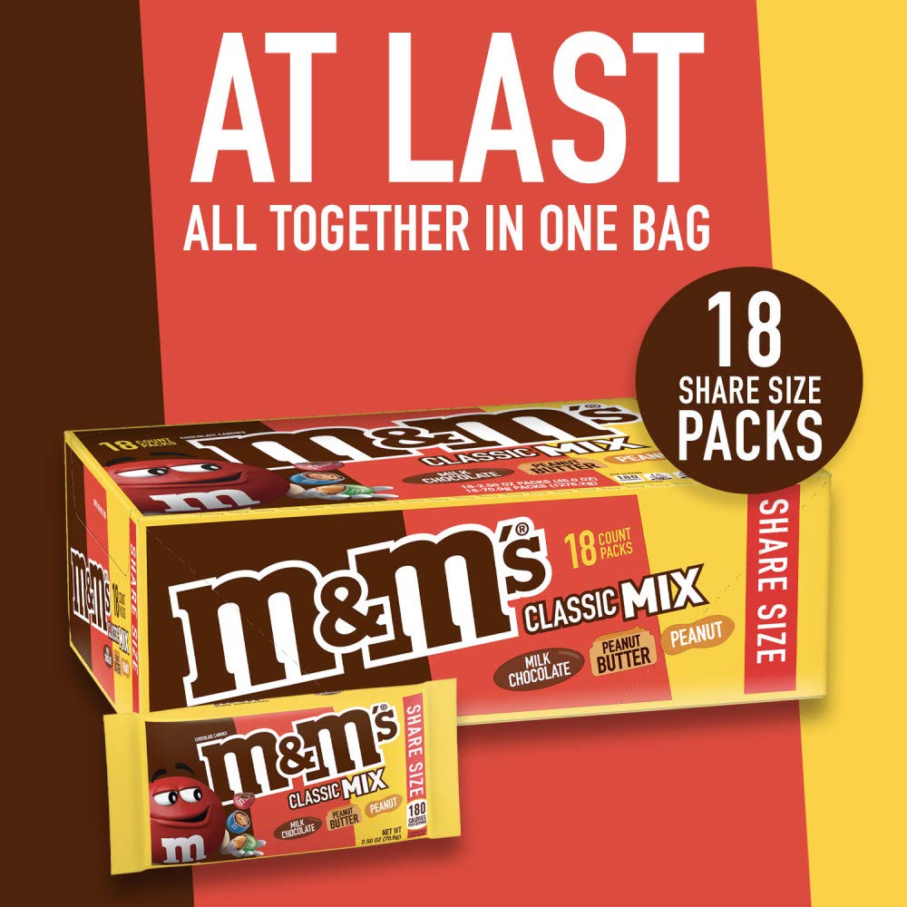 M&M’S Milk Chocolate Candy Variety Pack, Milk Chocolate, Bulk Candy Individually Wrapped, Peanut & Peanut Butter Full Size 2.5 oz Bags, 18-Count