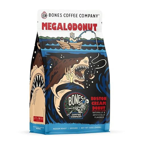 Bones Coffee Company Megalodonut, Boston Cream Donut Flavored Coffee, Medium Roast Low Acid Arabica Beans Compatible with Auto drip and French Press
