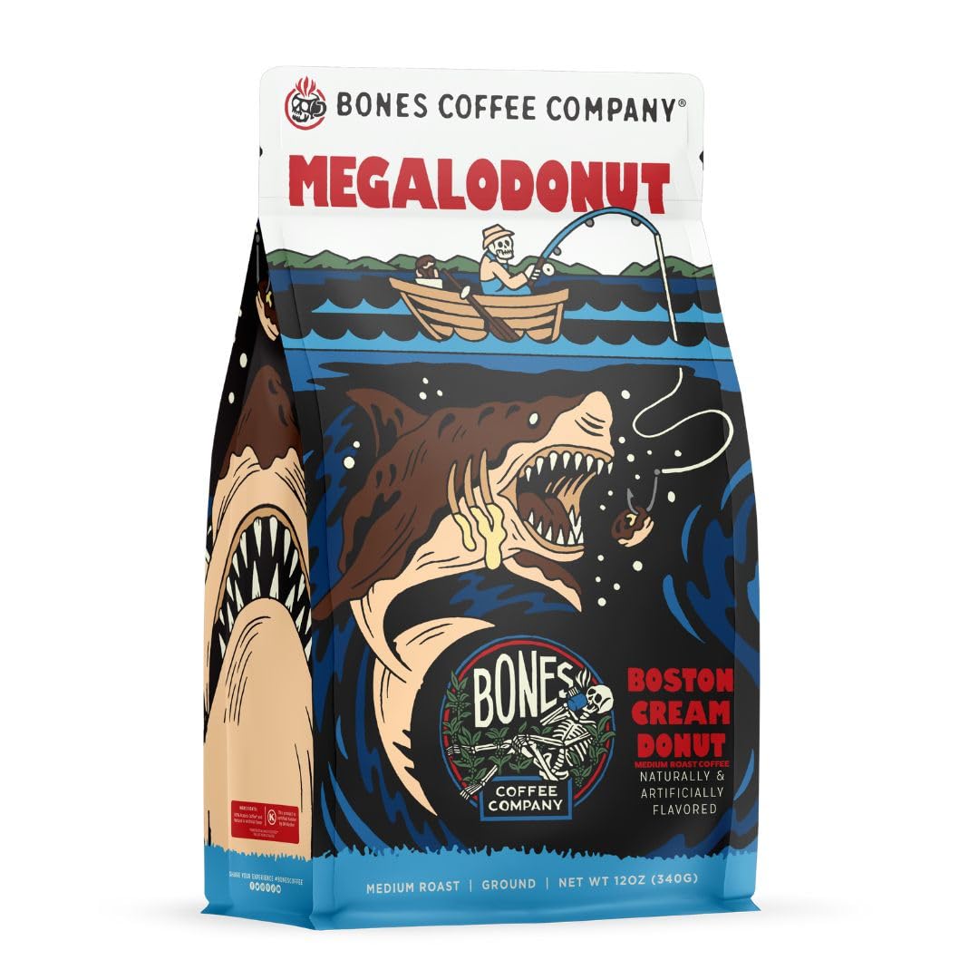 Bones Coffee Company Megalodonut, Boston Cream Donut Flavored Coffee, Medium Roast Low Acid Arabica Beans Compatible with Auto drip and French Press