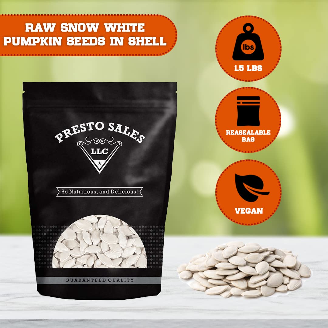 Pumpkin Seeds, Raw In shell Snow white, Oil Free, Healthy Snack, Crunchy, Delicious, Packed in a 1.5 lbs. (24 oz.) Resealable pouch bag by Presto