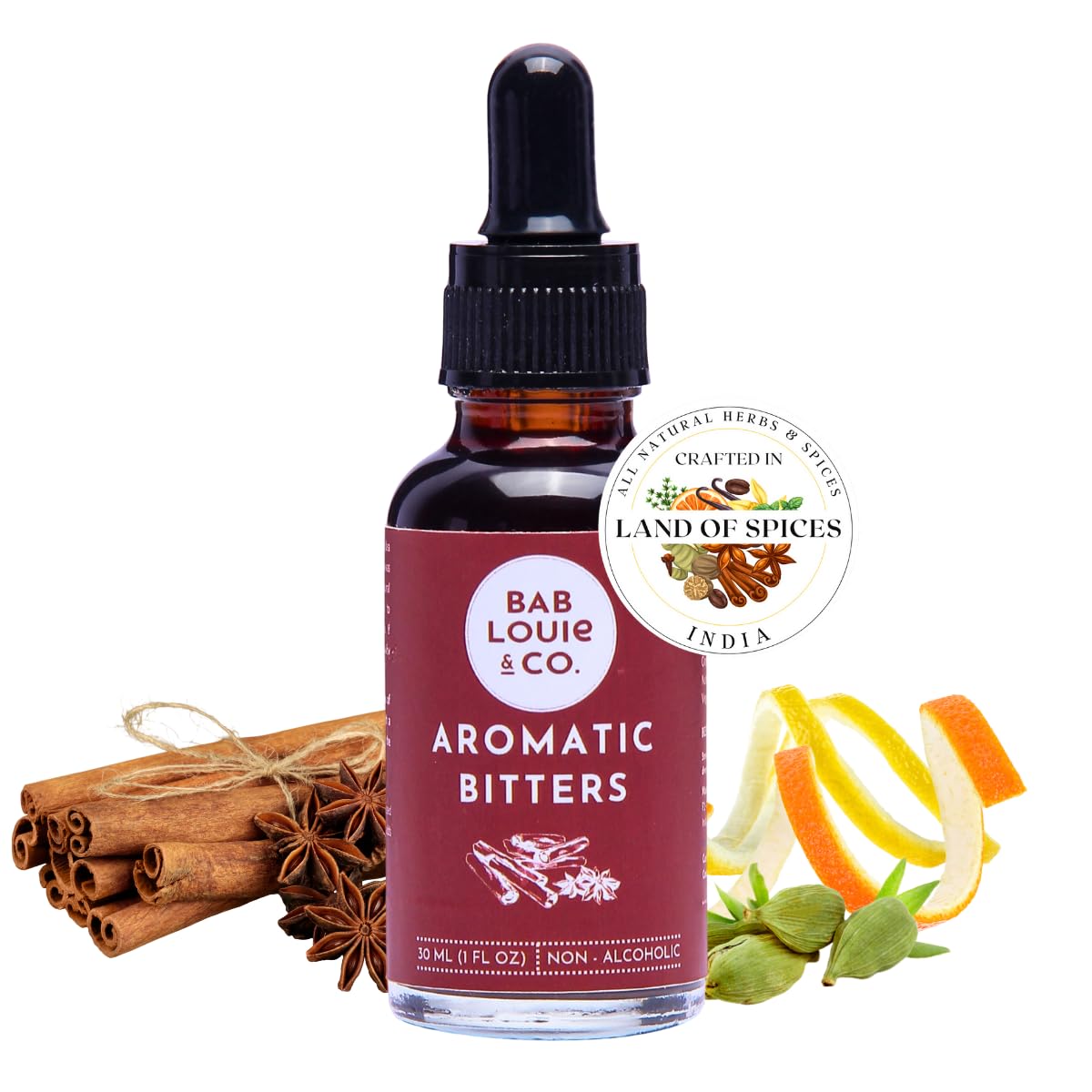 Bab Louie & Co. Aromatic Spiced Flavor Bitters, Non Alcoholic Award Winning Bitter with Zero-Sugar and Caffeine-free (30ml/1 Fl. Oz) 11 Servings