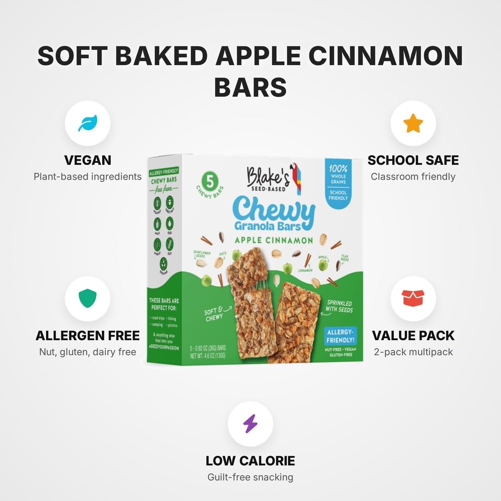 [2 Pack] Apple Cinnamon Chewy Granola Bars - Soft Baked Snack - Gluten Free, Nut Free, Vegan, Dairy Soy