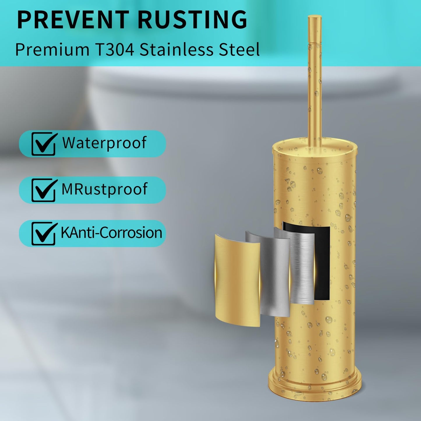 Gold Toilet Brush and Holder Set,304 Stainless Steel Toilet Brush for Bathroom with Long Handle, Heavy Duty Brass Toilet Bowl Brush,Removable Inner