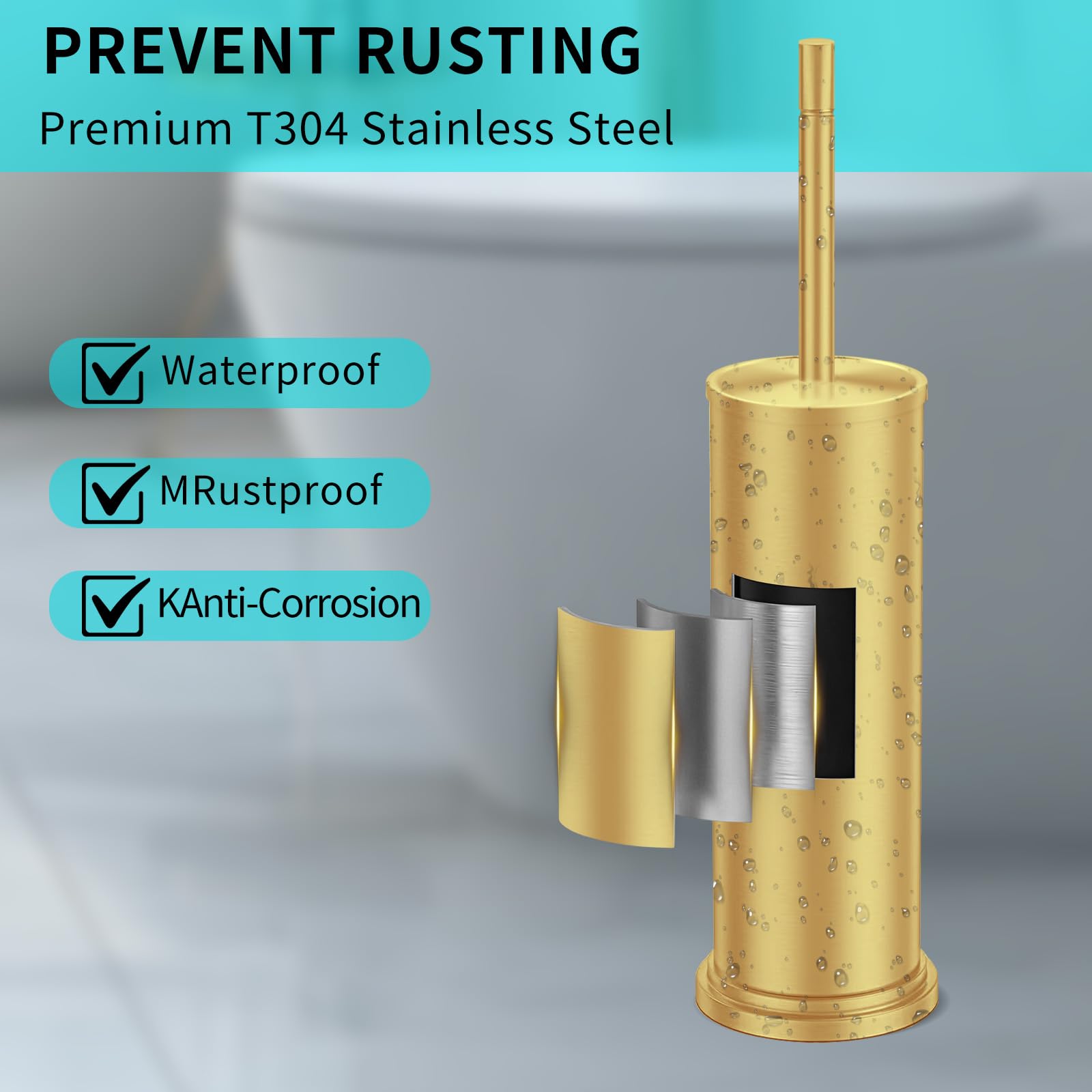 Gold Toilet Brush and Holder Set,304 Stainless Steel Toilet Brush for Bathroom with Long Handle, Heavy Duty Brass Toilet Bowl Brush,Removable Inner