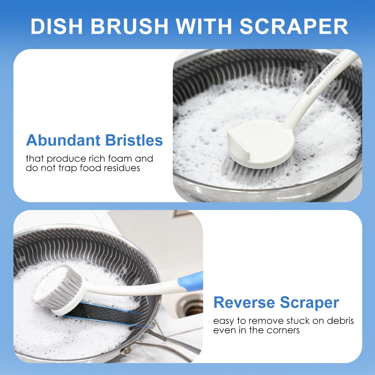 2 Pack Kitchen Scrub Brush, 2 in 1 Water Bottle Brush with Removable Straw Cleaner Dish Scrub Brush with Scraper Tip for Dishes, Pans, Bottle, Cups