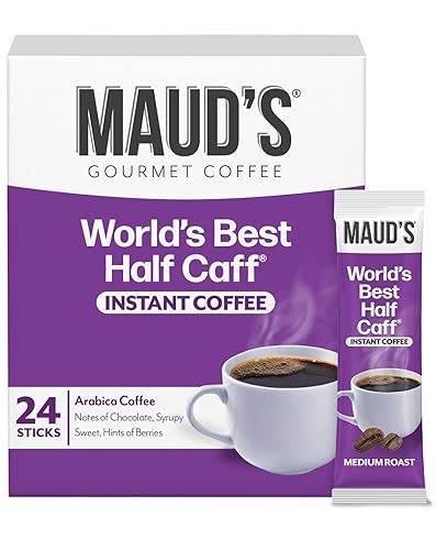 Maud's Half Caffeine Instant Coffee, 24 ct, 100% Arabica Coffee, Medium Roast, Instant Hot or Iced Coffee - Just add water