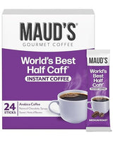 Maud's Half Caffeine Instant Coffee, 24 ct, 100% Arabica Coffee, Medium Roast, Instant Hot or Iced Coffee - Just add water
