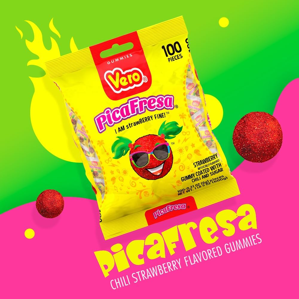 Vero PicaFresa - Strawberry Flavored Chewy Gummy Candy Treats - 100 Piece - (1 LB, 5.15 Ounces Each) - Individually Wrapped Mexican Candy Perfect
