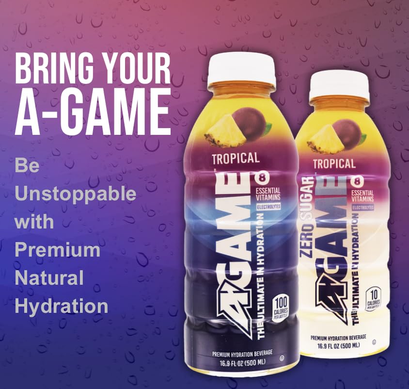 A-GAME Sports Drink, Tropical, The Ultimate Hydration Sports Beverage for Athletes, 8 Essential Vitamins including B, C, & E plus Natural Sea Salt