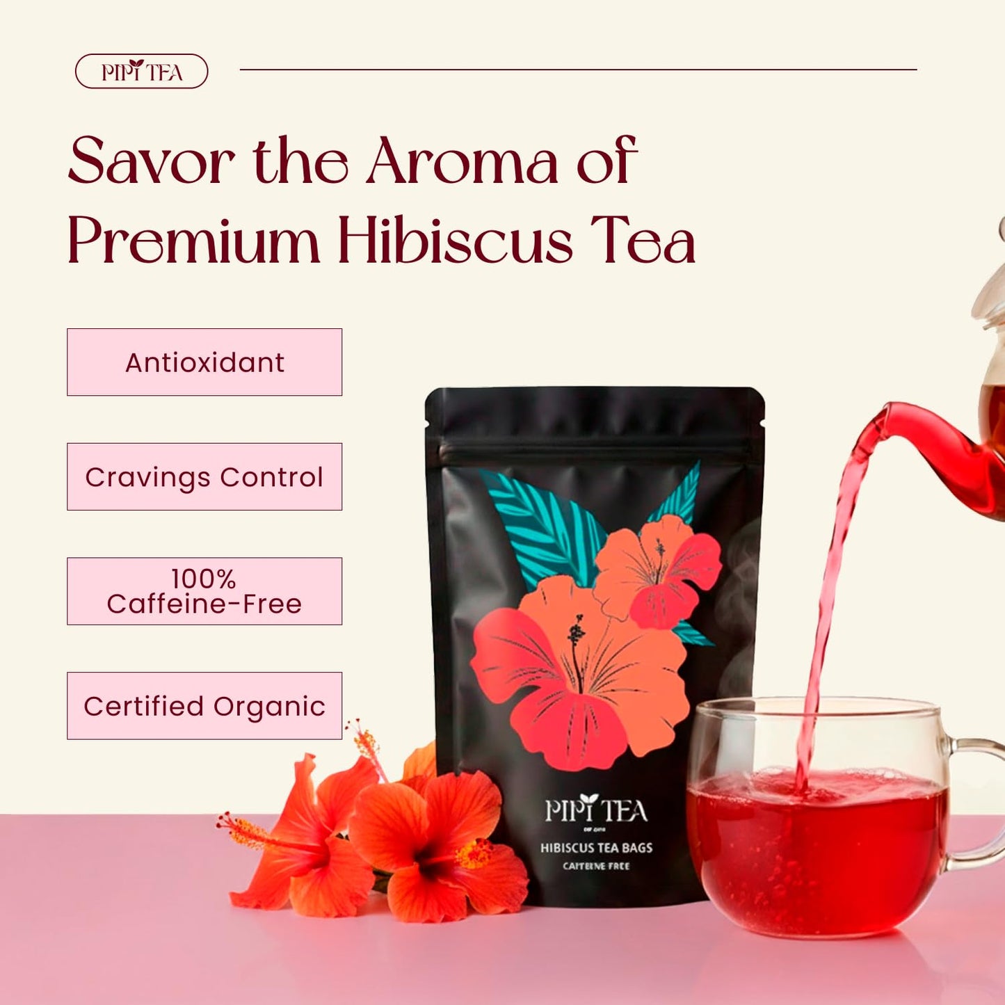 PiPi Tea Organic Hibiscus Tea Bags - Caffeine Free Herbal Tea Rich in Antioxidants, Non-GMO & Vegan, Sourced from Premium Hibiscus Flowers for Daily