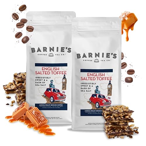Barnie's Coffee English Salted Toffee Ground Coffee with Caramel, Molasses and Salted Creamy Butter Flavors, Medium Roasted Arabica Coffee Beans, 12