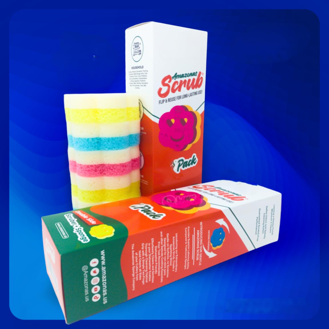 6 Double Side, Amazonas Scrub, Your New Cleaning Essential! This 6-Pack of Double-Sided Scrubber and Sponge is Designed to Simplify Your Cleaning