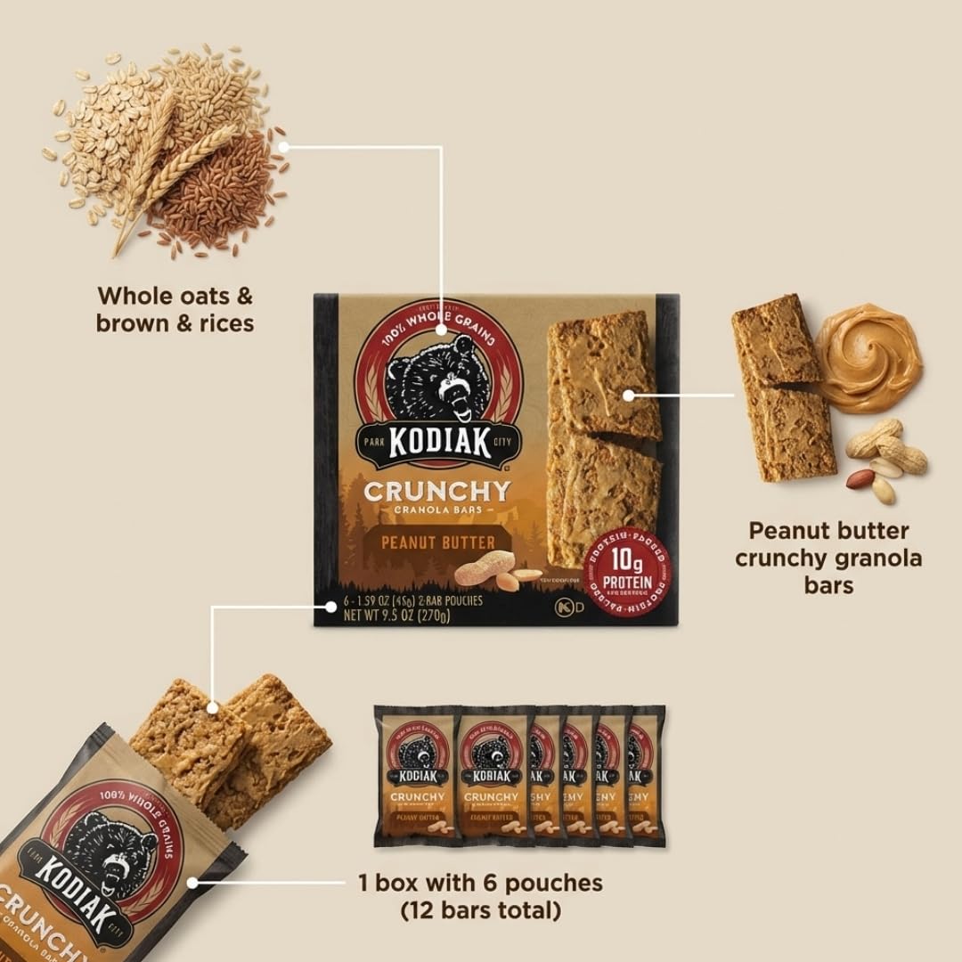 Kodiak Peanut Butter Granola (Pack of 4, 9.5 oz) - Protein Snack Bars - Chocolate Chip Breakfast Bites - Portable Snack Pack with a Random Item - 5