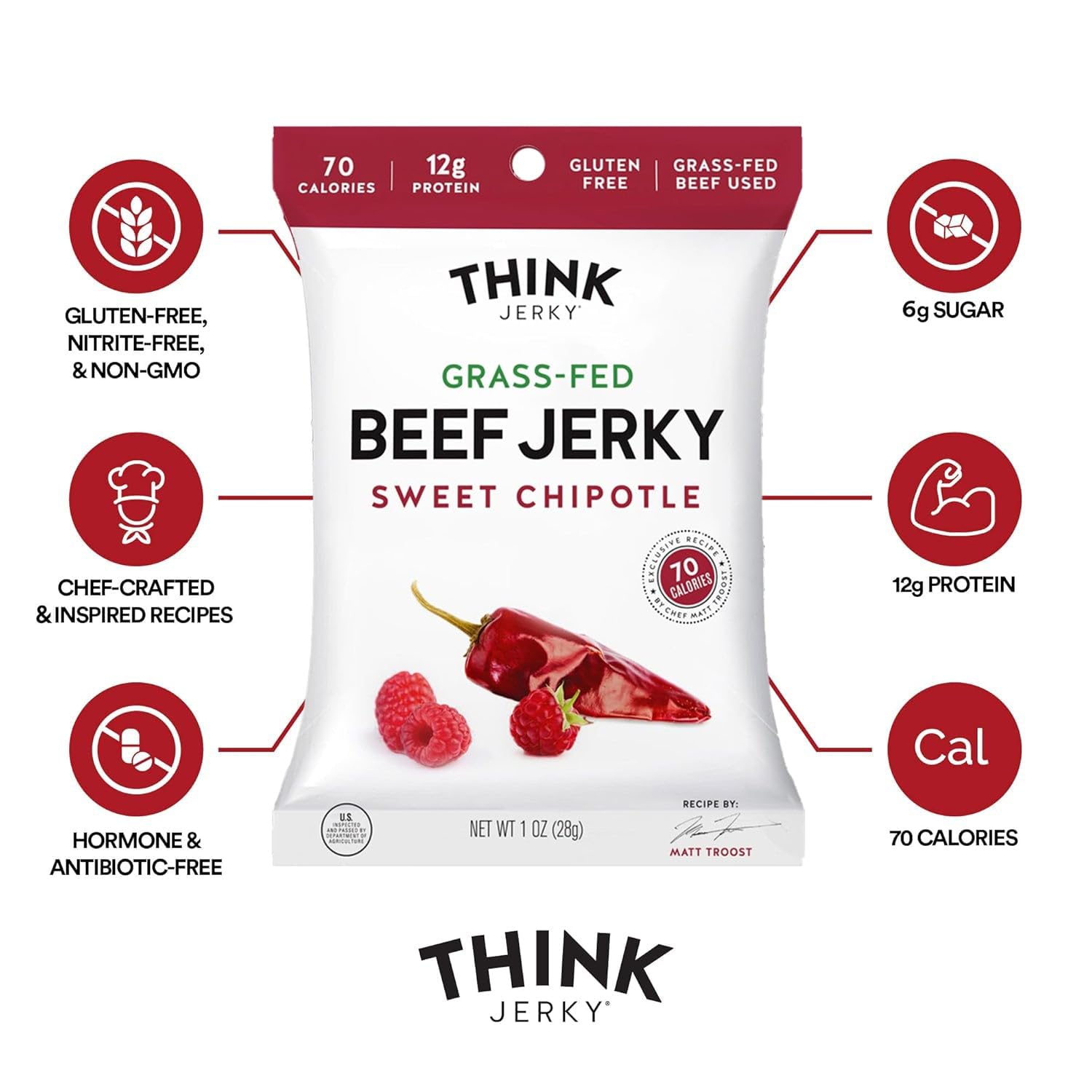 Think Jerky Sweet Chipotle Beef Jerky, Grass-Fed High Protein Beef, Gluten Free, No Antibiotics or Nitrates, Healthy Chef Crafted Recipe, Low Calorie