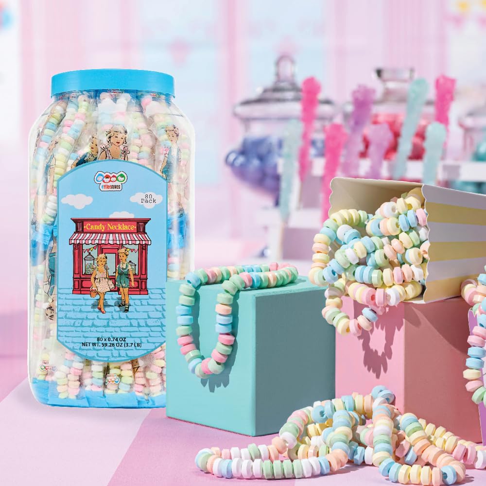 80 Candy Necklaces Individually Wrapped, Choker Style Nostalgic Pastel Candy Jewelry, Perfect for Party Favors, Pinata Fillers and Goodie Bags, Packed