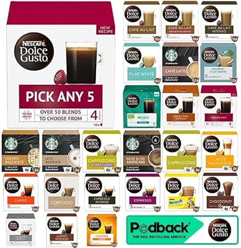 Nescafe Dolce Gusto Coffee, Tea, Chocolate Pods. Pick Any 5 Packs from 40+ Blends Inc: Decaf, Caramel, Cappuccino, Latte, Mocha, Espresso, Skinny