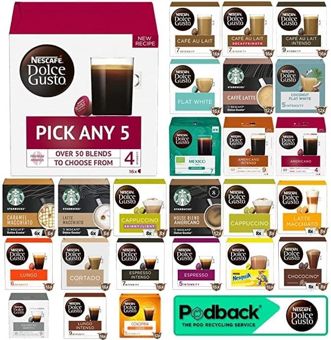 Nescafe Dolce Gusto Coffee, Tea, Chocolate Pods. Pick Any 5 Packs from 40+ Blends Inc: Decaf, Caramel, Cappuccino, Latte, Mocha, Espresso, Skinny