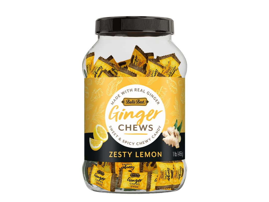 Bali's Best Ginger Chews, Zesty Lemon Flavor, 1 Pound Jar, Individually Wrapped Soft Candy, Made with 100% Real Ginger, Digestive Health Support