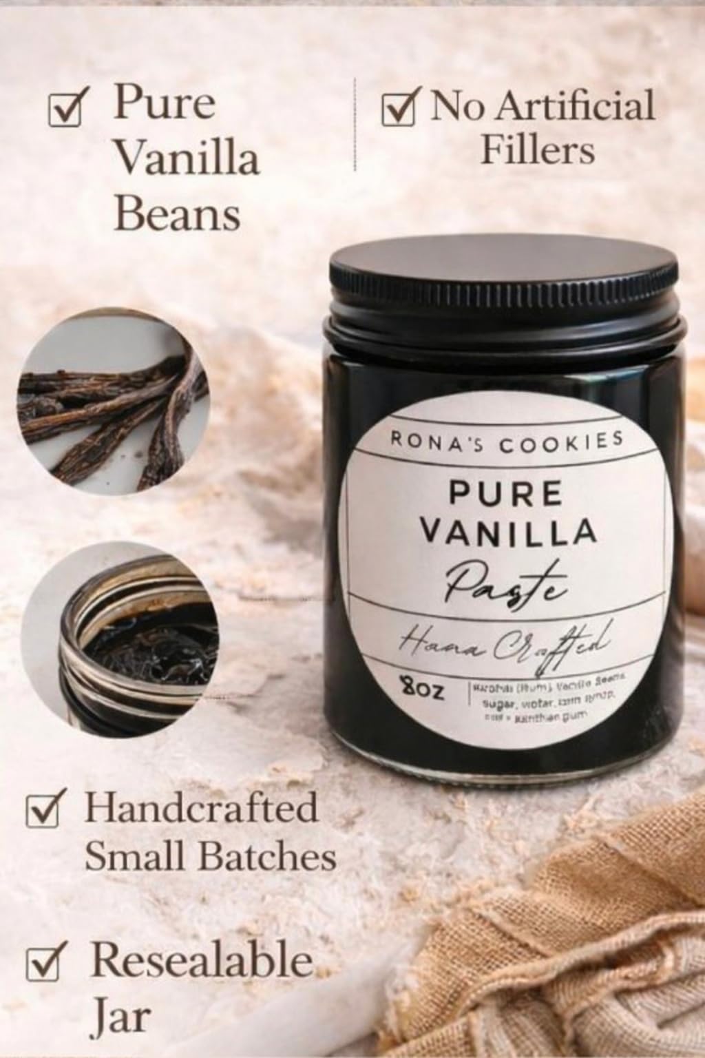 Rona's Cookies Vanilla Bean Paste, 8oz, Pure Vanilla Bean