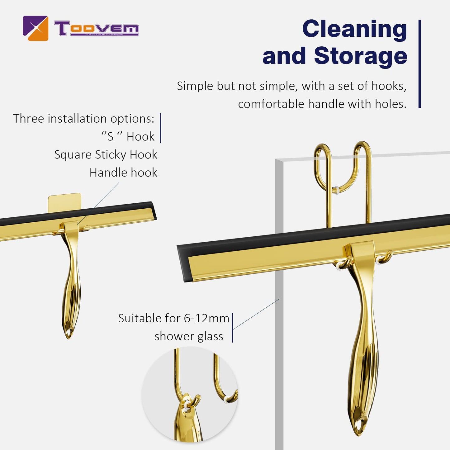 TOOVEM 12 Inch Shower Squeegee for Glass Doors, Window, Bathroom, Car Windshield, Shower Cleaning Tools with S Hook, Square Sticky Hook?Gold?