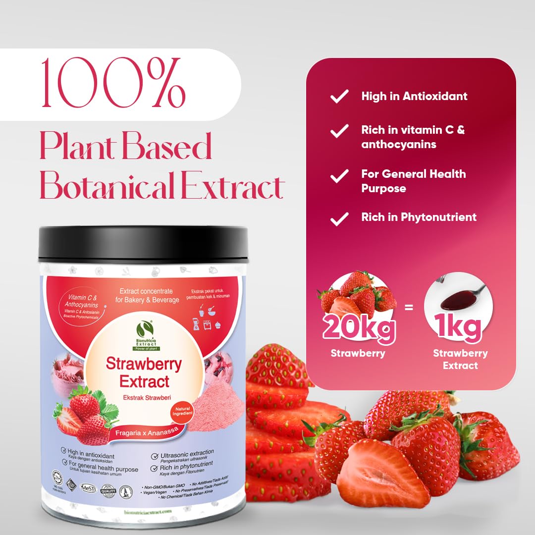 Bionutricia Strawberry Extract Powder 20:1 - No Sugar Added, Rich in Vitamin C & Antioxidants, Great for Smoothies, Baking & Drinks, Vegan, Non-GMO