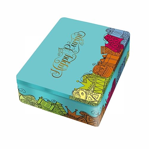 JewFadz Happy Purim Shaloch Manos Gift Tin - Attractive design Empty Box- Megillah Favorite food Hamantashen Container LARGER 9.56" by 7.79" by 2.36"